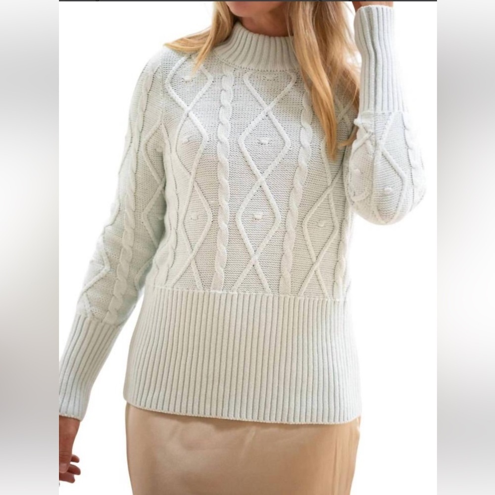 Burgess Dublin cable diamond knit with mock neck sweater in light blue
